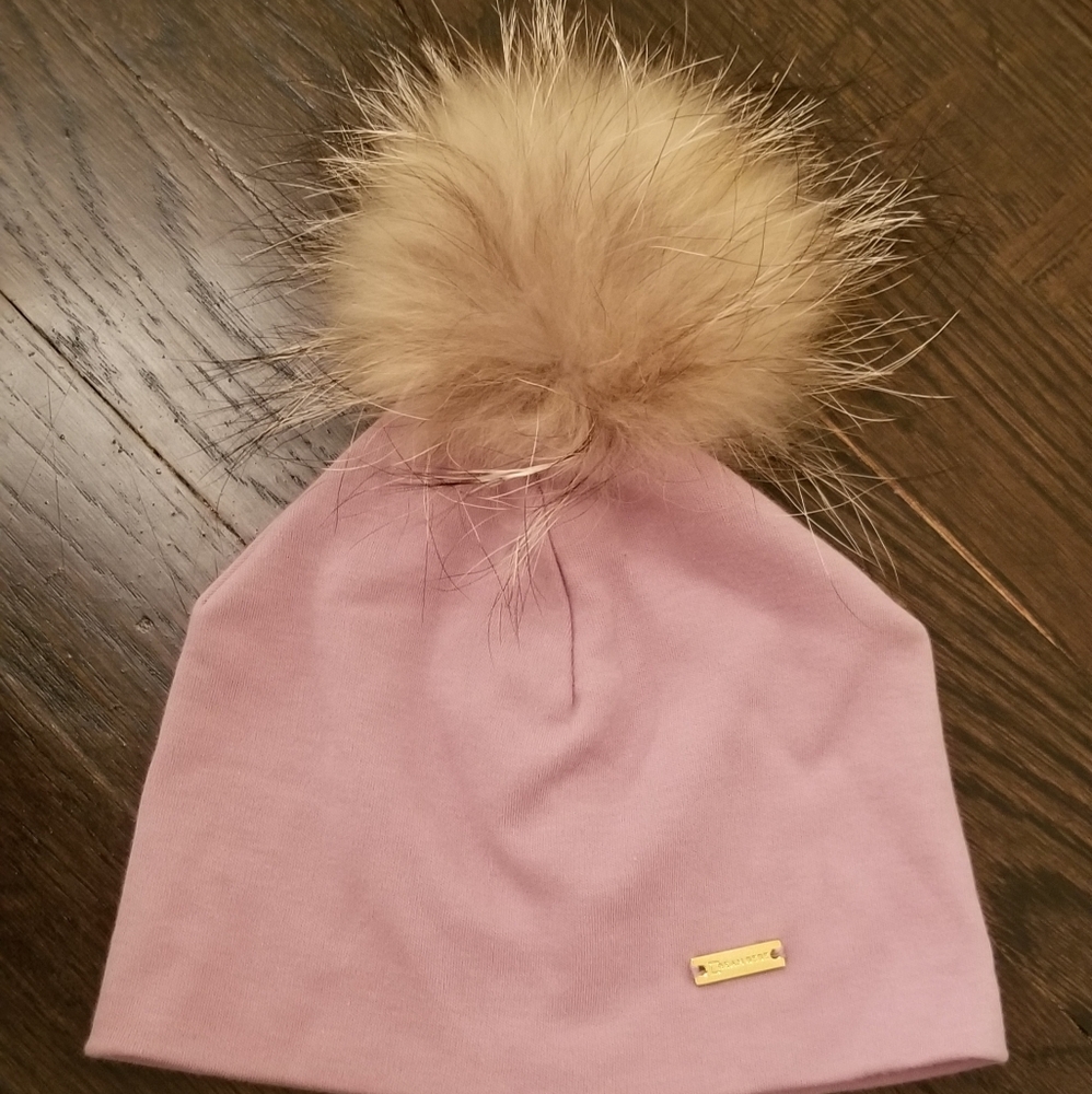 Cream Bebe real fur pompom baby / toddler hat